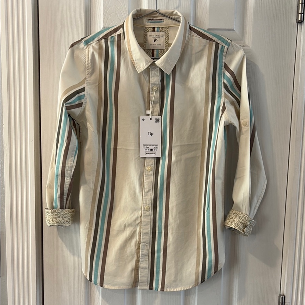 Denim & Flower Striped Kids Shirt - Cream, Brown, Blue